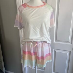 Pastel Stripe Lounge Set - Short Sleeve Top & Drawstring Shorts